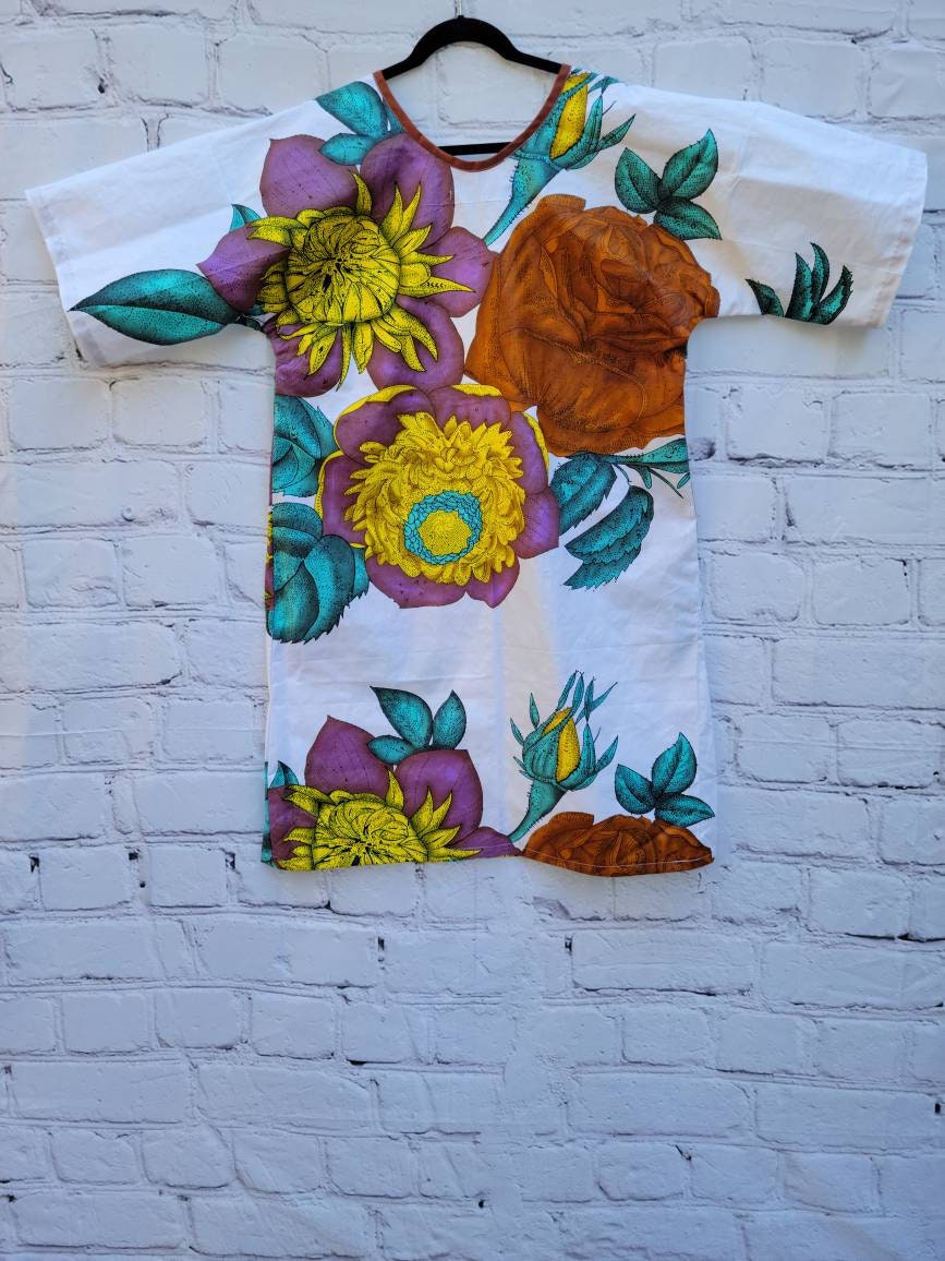 Ankara tunic dress dolman sleeve African Print Kitenge with scarf belt A-line - white brown purple flowers cotton 3/4 sleeve (US Size 4-8)