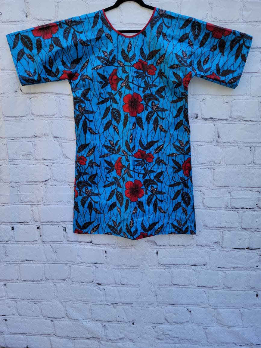 Ankara tunic dress dolman sleeve African Print Kitenge with scarf belt A-line - blue red flowers cotton 3/4 sleeve (US Size 4-8)