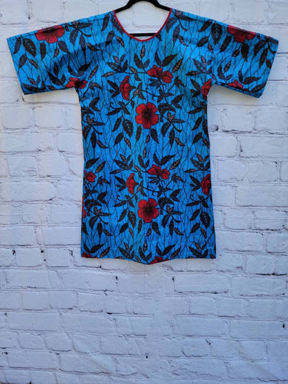 Ankara tunic dress dolman sleeve African Print Kitenge with scarf belt A-line - blue red flowers cotton 3/4 sleeve (US Size 4-8)