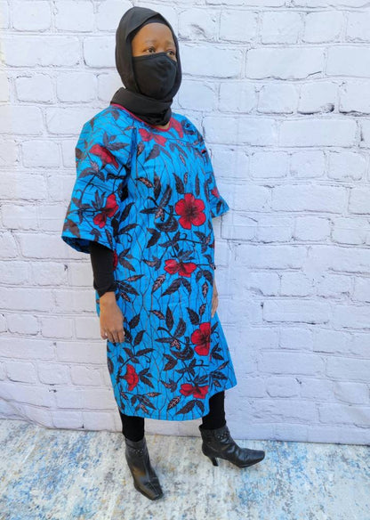Ankara tunic dress dolman sleeve African Print Kitenge with scarf belt A-line - blue red flowers cotton 3/4 sleeve (US Size 4-8)