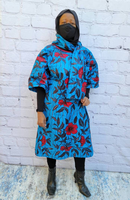 Ankara tunic dress dolman sleeve African Print Kitenge with scarf belt A-line - blue red flowers cotton 3/4 sleeve (US Size 4-8)