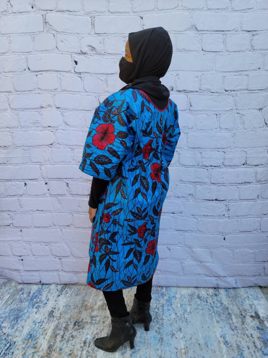 Ankara tunic dress dolman sleeve African Print Kitenge with scarf belt A-line - blue red flowers cotton 3/4 sleeve (US Size 4-8)