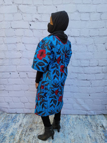 Ankara tunic dress dolman sleeve African Print Kitenge with scarf belt A-line - blue red flowers cotton 3/4 sleeve (US Size 4-8)