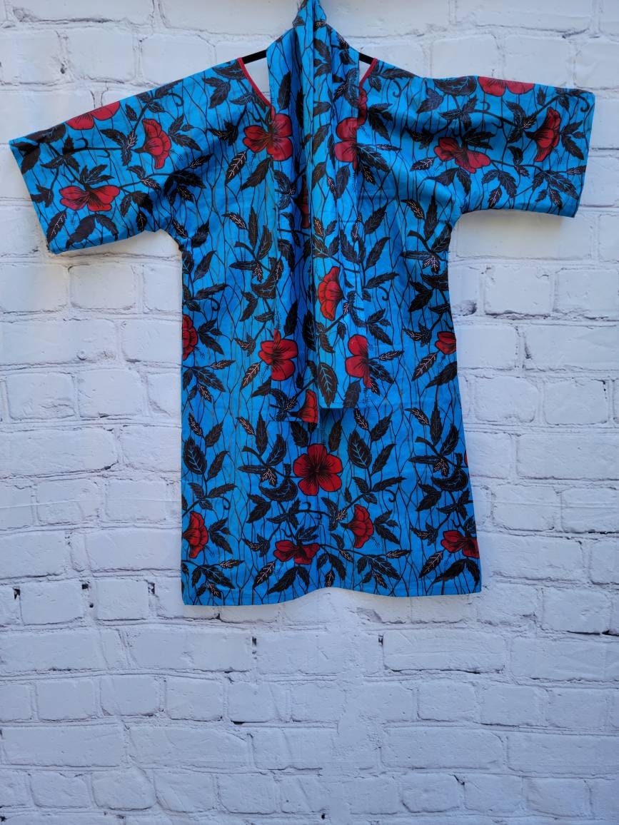 Ankara tunic dress dolman sleeve African Print Kitenge with scarf belt A-line - blue red flowers cotton 3/4 sleeve (US Size 4-8)