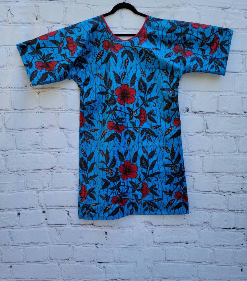 Ankara tunic dress dolman sleeve African Print Kitenge with scarf belt A-line - blue red flowers cotton 3/4 sleeve (US Size 4-8)