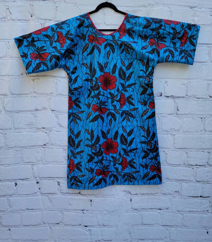 Ankara tunic dress dolman sleeve African Print Kitenge with scarf belt A-line - blue red flowers cotton 3/4 sleeve (US Size 4-8)