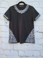Women's T-shirt black medium with black and white cotton side panels and sleeve trim