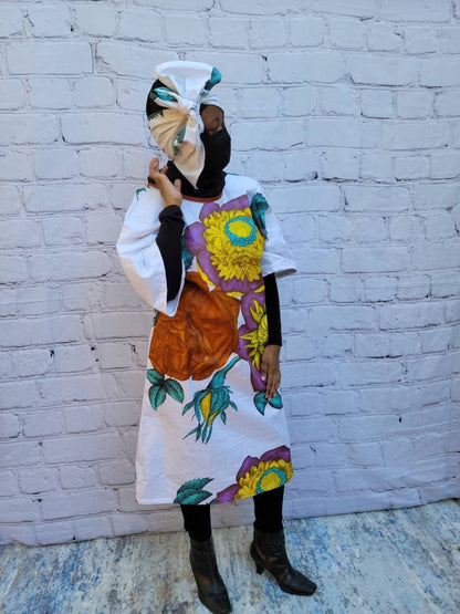 Ankara tunic dress dolman sleeve African Print Kitenge with scarf belt A-line - white brown purple flowers cotton 3/4 sleeve (US Size 4-8)