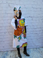 Ankara tunic dress dolman sleeve African Print Kitenge with scarf belt A-line - white brown purple flowers cotton 3/4 sleeve (US Size 4-8)