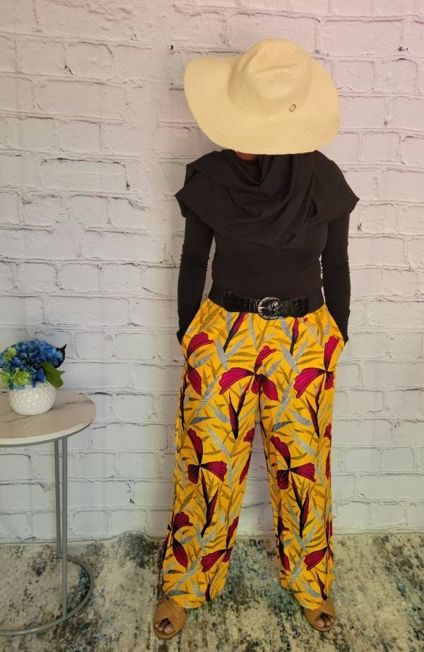 Palazzo summer pants; African print ankara kitenge, red yellow floral, elastic waist, belt loop, pockets, straight leg wide, US 12 L