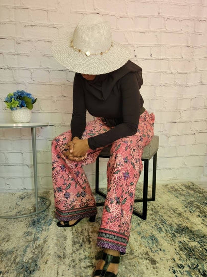 Palazzo summer pants; African print ankara kitenge, red purple floral, elastic waist, belt loop, pockets, straight leg wide, US 4 18, S, XL