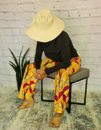 Palazzo summer pants; African print ankara kitenge, red yellow floral, elastic waist, belt loop, pockets, straight leg wide, US 12 L