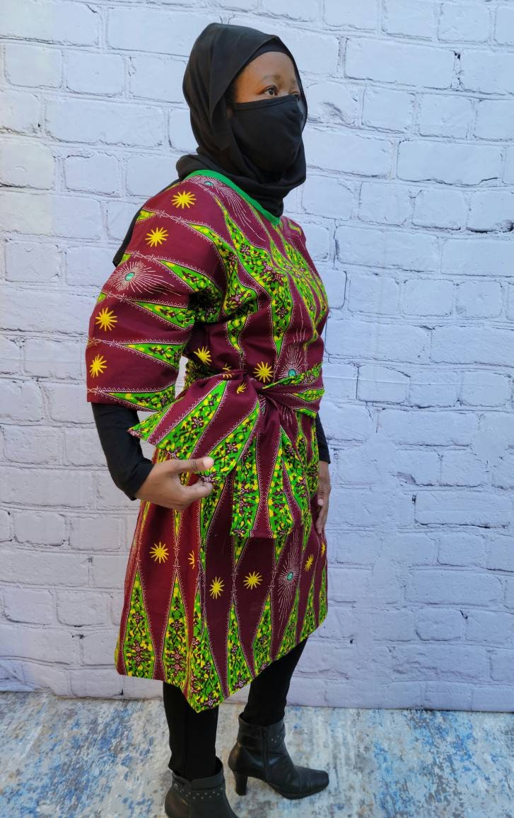 Ankara tunic dress dolman sleeve African Print Kitenge with scarf belt A-line - maroon green yellow cotton 3/4 sleeve (US Size 4-8)