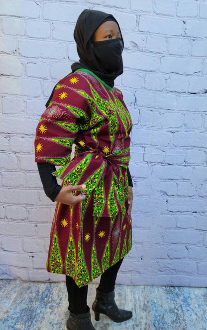 Ankara tunic dress dolman sleeve African Print Kitenge with scarf belt A-line - maroon green yellow cotton 3/4 sleeve (US Size 4-8)