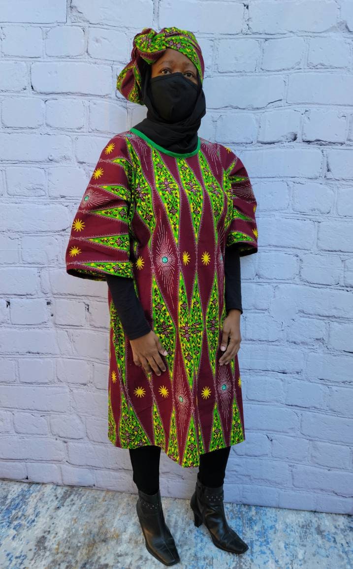 Ankara tunic dress dolman sleeve African Print Kitenge with scarf belt A-line - maroon green yellow cotton 3/4 sleeve (US Size 4-8)
