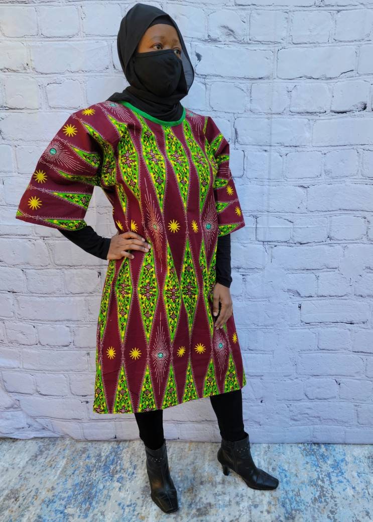 Ankara tunic dress dolman sleeve African Print Kitenge with scarf belt A-line - maroon green yellow cotton 3/4 sleeve (US Size 4-8)