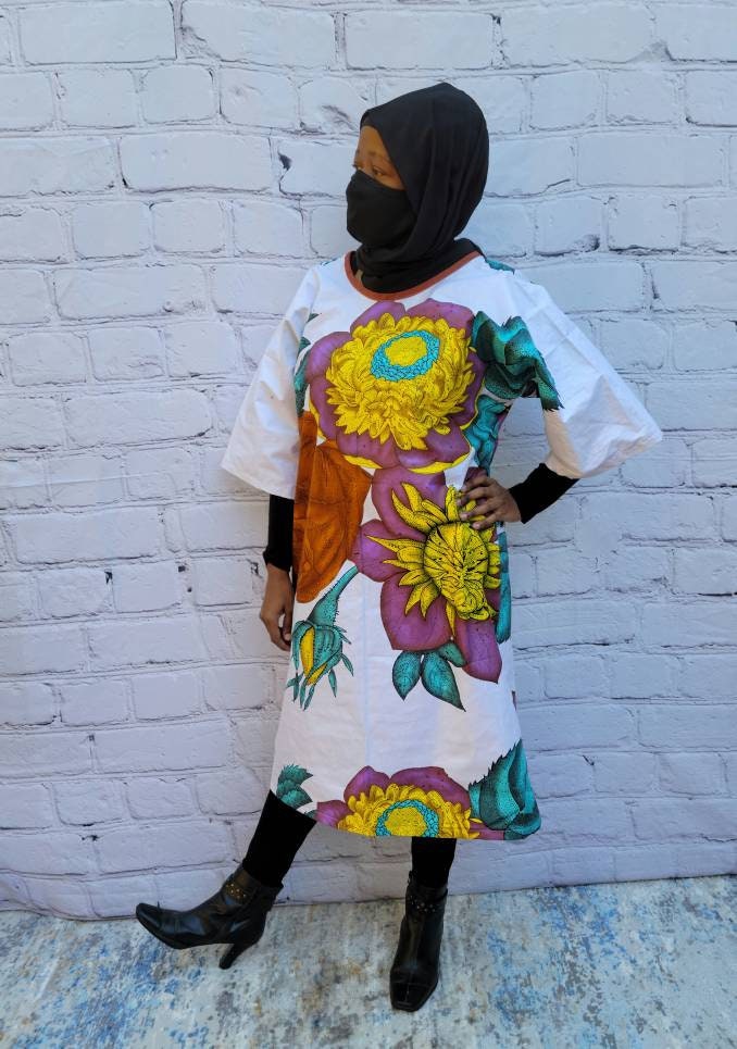 Ankara tunic dress dolman sleeve African Print Kitenge with scarf belt A-line - white brown purple flowers cotton 3/4 sleeve (US Size 4-8)