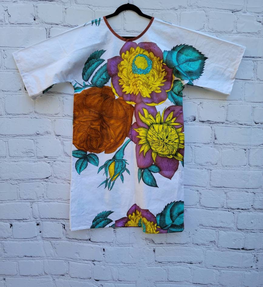 Ankara tunic dress dolman sleeve African Print Kitenge with scarf belt A-line - white brown purple flowers cotton 3/4 sleeve (US Size 4-8)