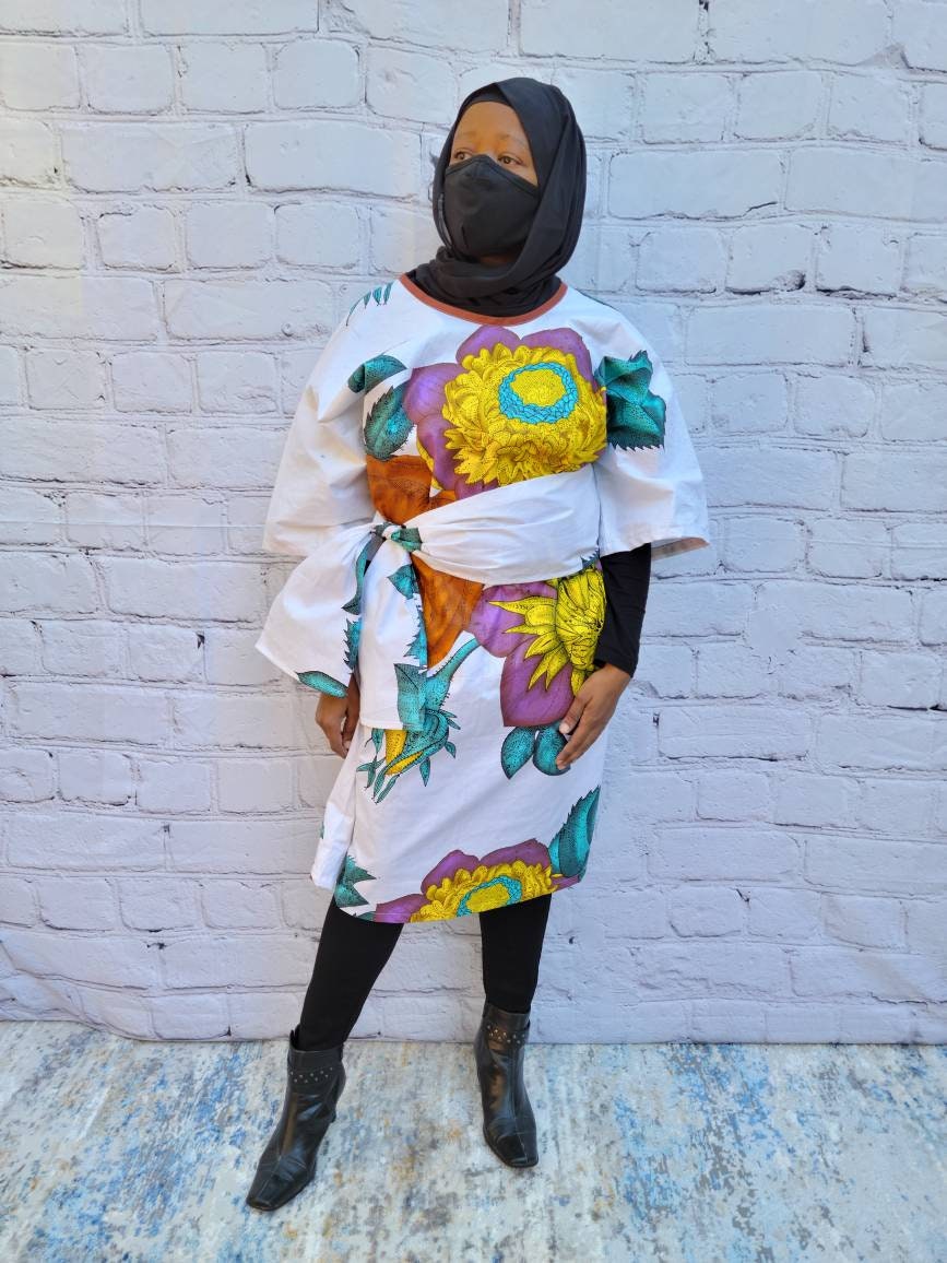 Ankara tunic dress dolman sleeve African Print Kitenge with scarf belt A-line - white brown purple flowers cotton 3/4 sleeve (US Size 4-8)