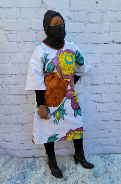 Ankara tunic dress dolman sleeve African Print Kitenge with scarf belt A-line - white brown purple flowers cotton 3/4 sleeve (US Size 4-8)