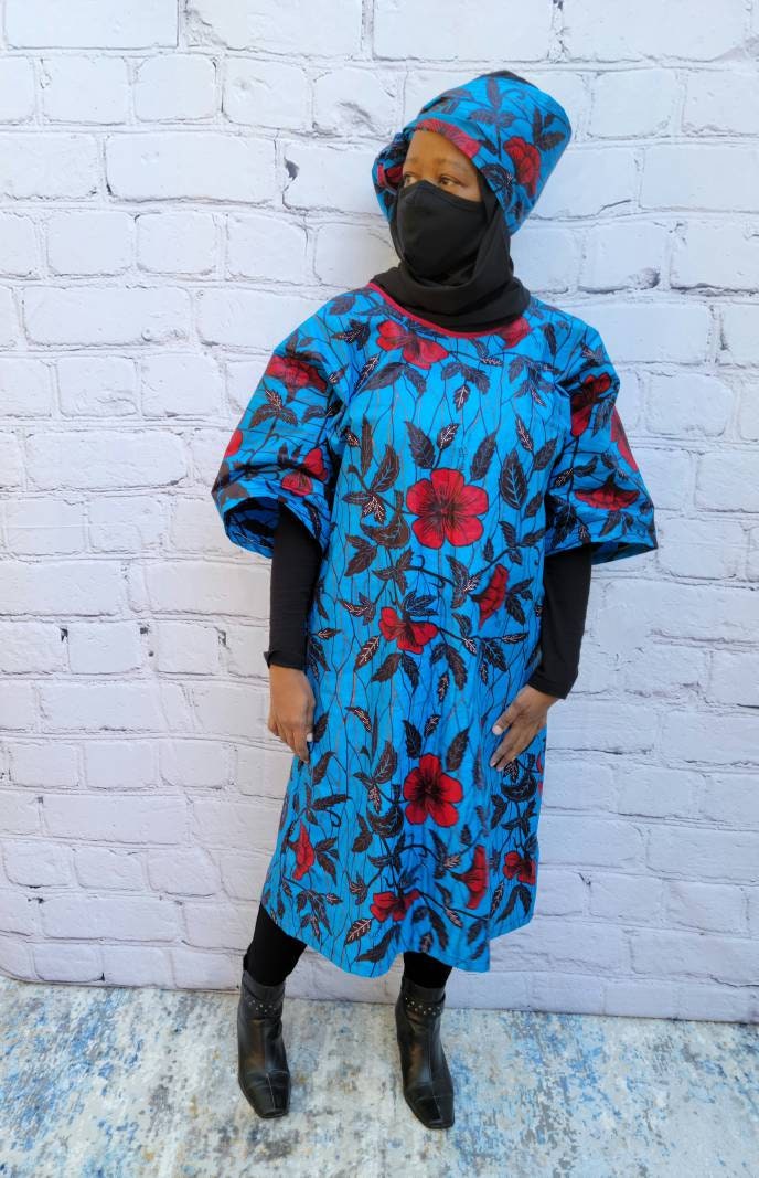 Ankara tunic dress dolman sleeve African Print Kitenge with scarf belt A-line - blue red flowers cotton 3/4 sleeve (US Size 4-8)