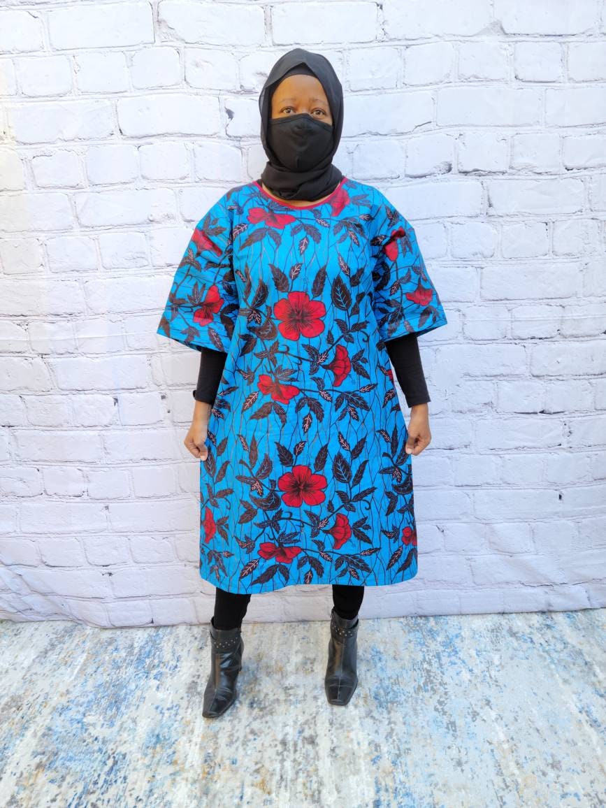 Ankara tunic dress dolman sleeve African Print Kitenge with scarf belt A-line - blue red flowers cotton 3/4 sleeve (US Size 4-8)