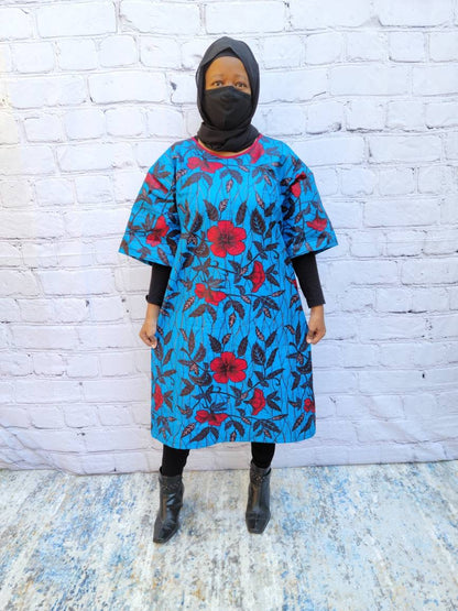Ankara tunic dress dolman sleeve African Print Kitenge with scarf belt A-line - blue red flowers cotton 3/4 sleeve (US Size 4-8)