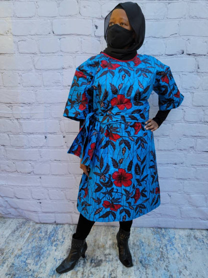 Ankara tunic dress dolman sleeve African Print Kitenge with scarf belt A-line - blue red flowers cotton 3/4 sleeve (US Size 4-8)