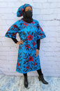 Ankara tunic dress dolman sleeve African Print Kitenge with scarf belt A-line - blue red flowers cotton 3/4 sleeve (US Size 4-8)