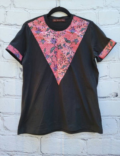 Women's T-shirt black medium with red purple African print kitenge neck embellishment and sleeve trim