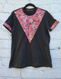 Women's T-shirt black medium with red purple African print kitenge neck embellishment and sleeve trim
