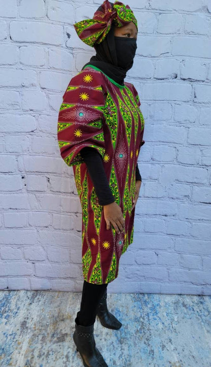 Ankara tunic dress dolman sleeve African Print Kitenge with scarf belt A-line - maroon green yellow cotton 3/4 sleeve (US Size 4-8)