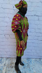 Ankara tunic dress dolman sleeve African Print Kitenge with scarf belt A-line - maroon green yellow cotton 3/4 sleeve (US Size 4-8)