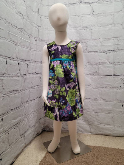 Girl's 2T cotton sundress purple blue turqoise flowers green leaves with turquoise trim floral sleeveless zipper