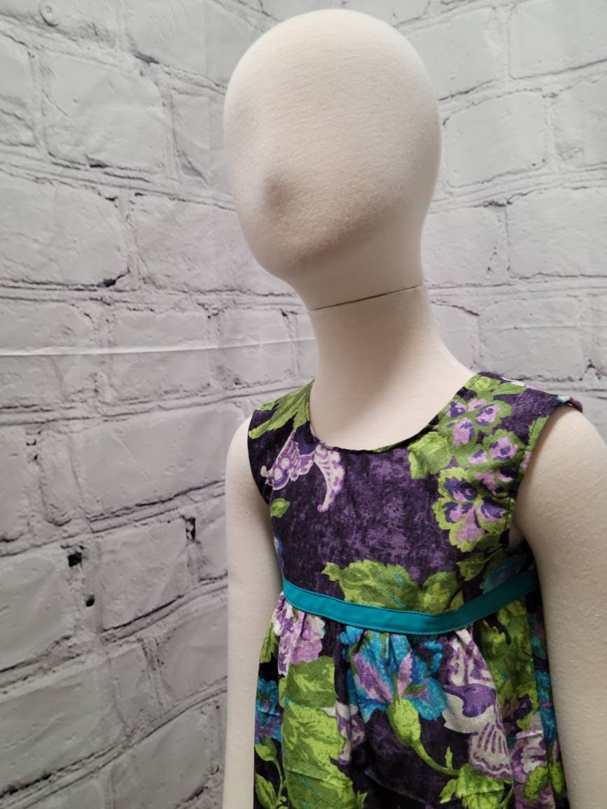 Girl's 2T cotton sundress purple blue turqoise flowers green leaves with turquoise trim floral sleeveless zipper