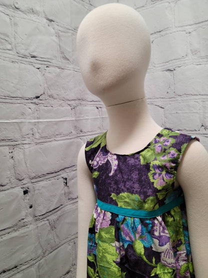 Girl's 2T cotton sundress purple blue turqoise flowers green leaves with turquoise trim floral sleeveless zipper