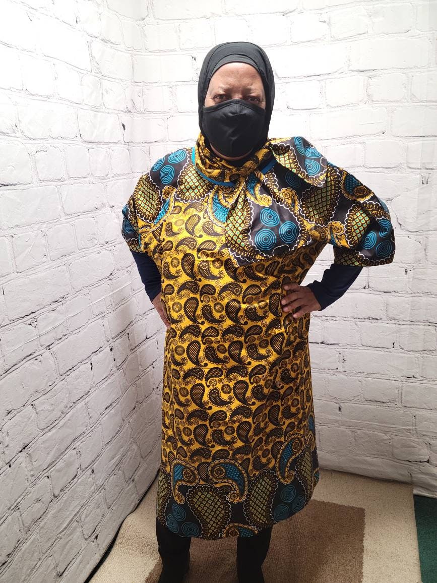 Ankara tunic dress US 4 to US 8 dolman sleeve African Print Kitenge with scarf belt A-line - brown blue paisley cotton 3/4 sleeve