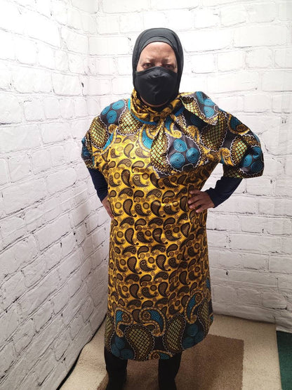 Ankara tunic dress US 4 to US 8 dolman sleeve African Print Kitenge with scarf belt A-line - brown blue paisley cotton 3/4 sleeve