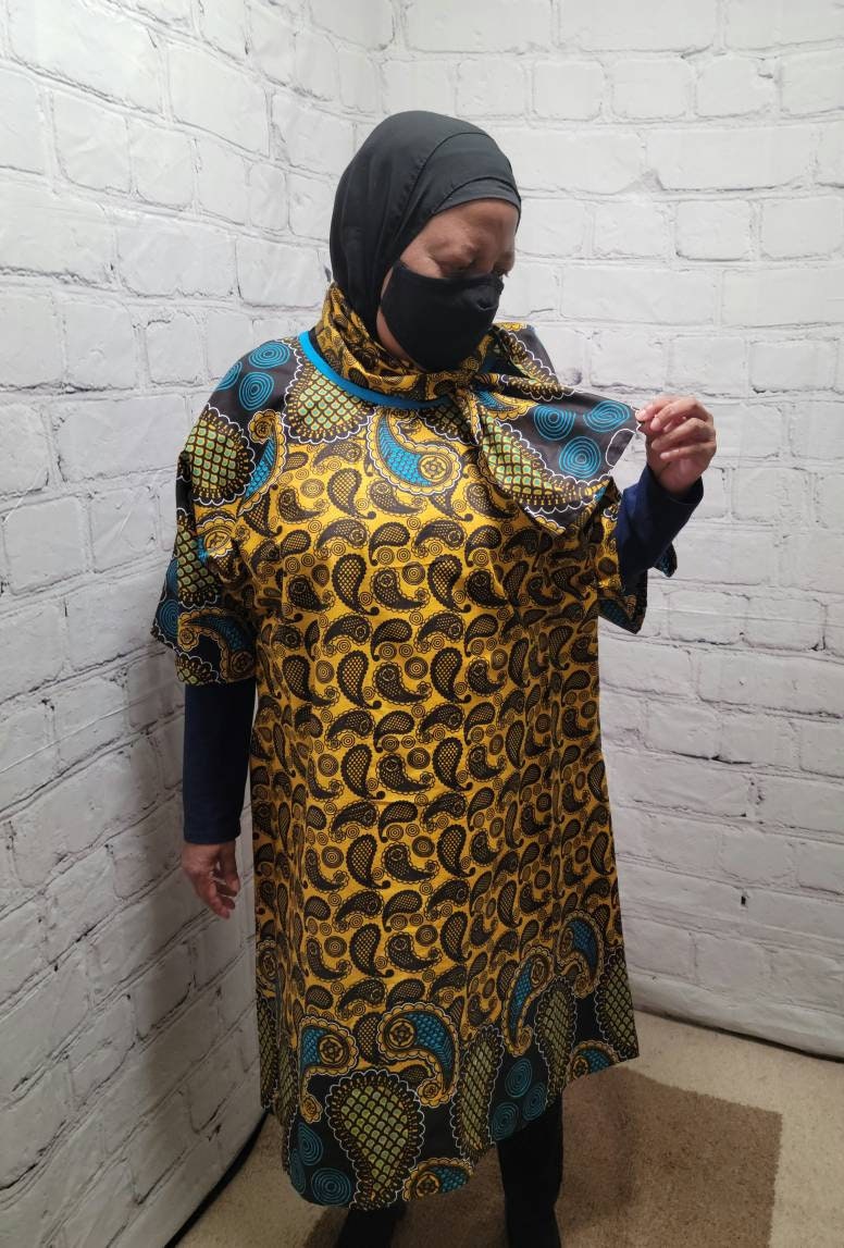 Ankara tunic dress US 4 to US 8 dolman sleeve African Print Kitenge with scarf belt A-line - brown blue paisley cotton 3/4 sleeve