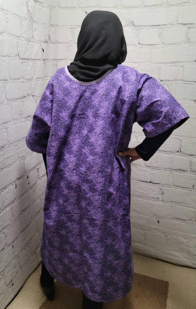 Cotton tunic dress US 16 to US 20 dolman sleeve A-line purple lilac 3/4 sleeve