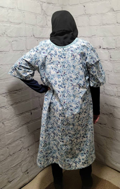 Cotton tunic dress US 10 to US 14 dolman sleeve A-line blue leaves leafy 3/4 sleeve