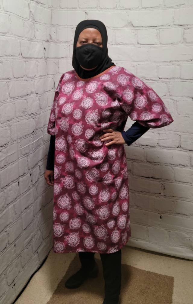 Cotton tunic dress US 10 to US 14 dolman sleeve A-line purple magenta white floral flowers 3/4 sleeve