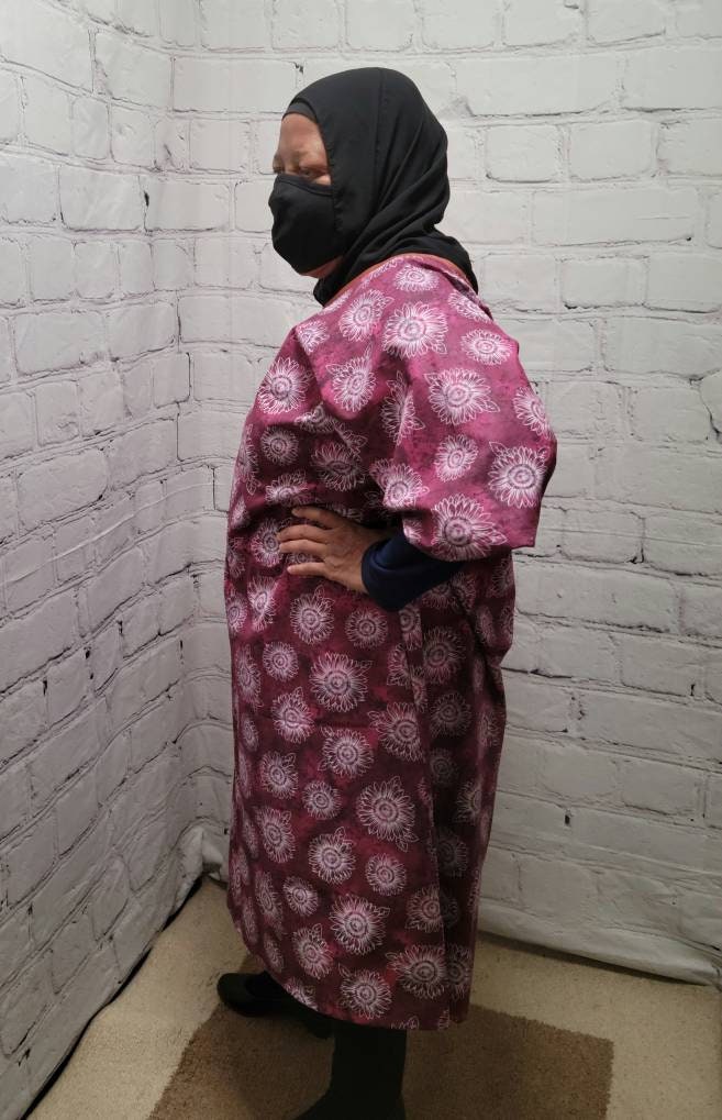 Cotton tunic dress US 10 to US 14 dolman sleeve A-line purple magenta white floral flowers 3/4 sleeve