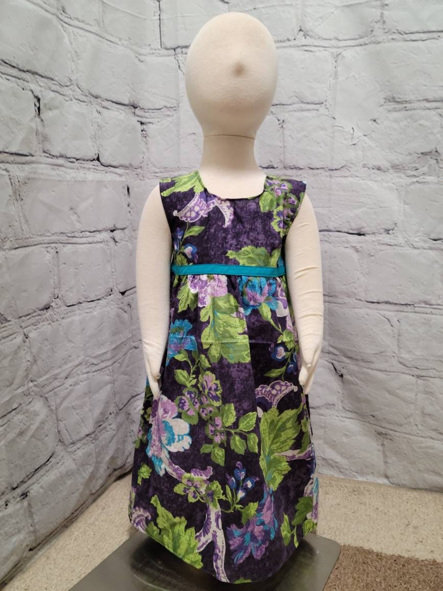 Girl's 2T cotton sundress purple blue turqoise flowers green leaves with turquoise trim floral sleeveless zipper