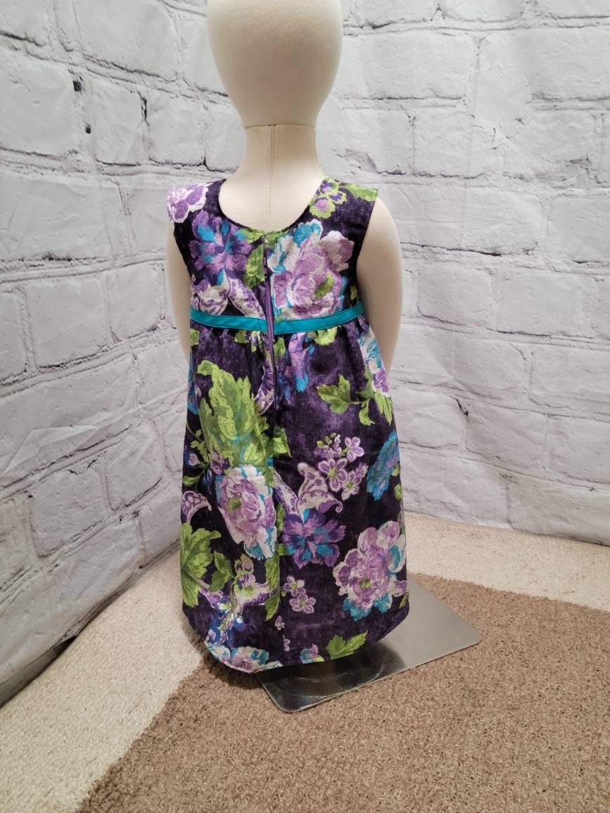 Girl's 2T cotton sundress purple blue turqoise flowers green leaves with turquoise trim floral sleeveless zipper