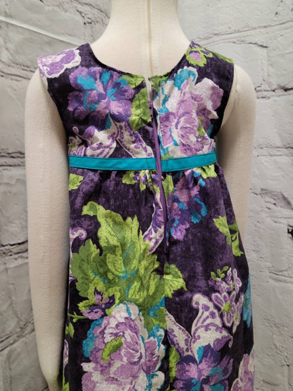 Girl's 2T cotton sundress purple blue turqoise flowers green leaves with turquoise trim floral sleeveless zipper
