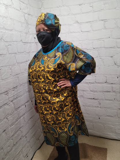 Ankara tunic dress US 16 to US 20 dolman sleeve African Print Kitenge with scarf belt A-line - brown blue paisley cotton 3/4 sleeve