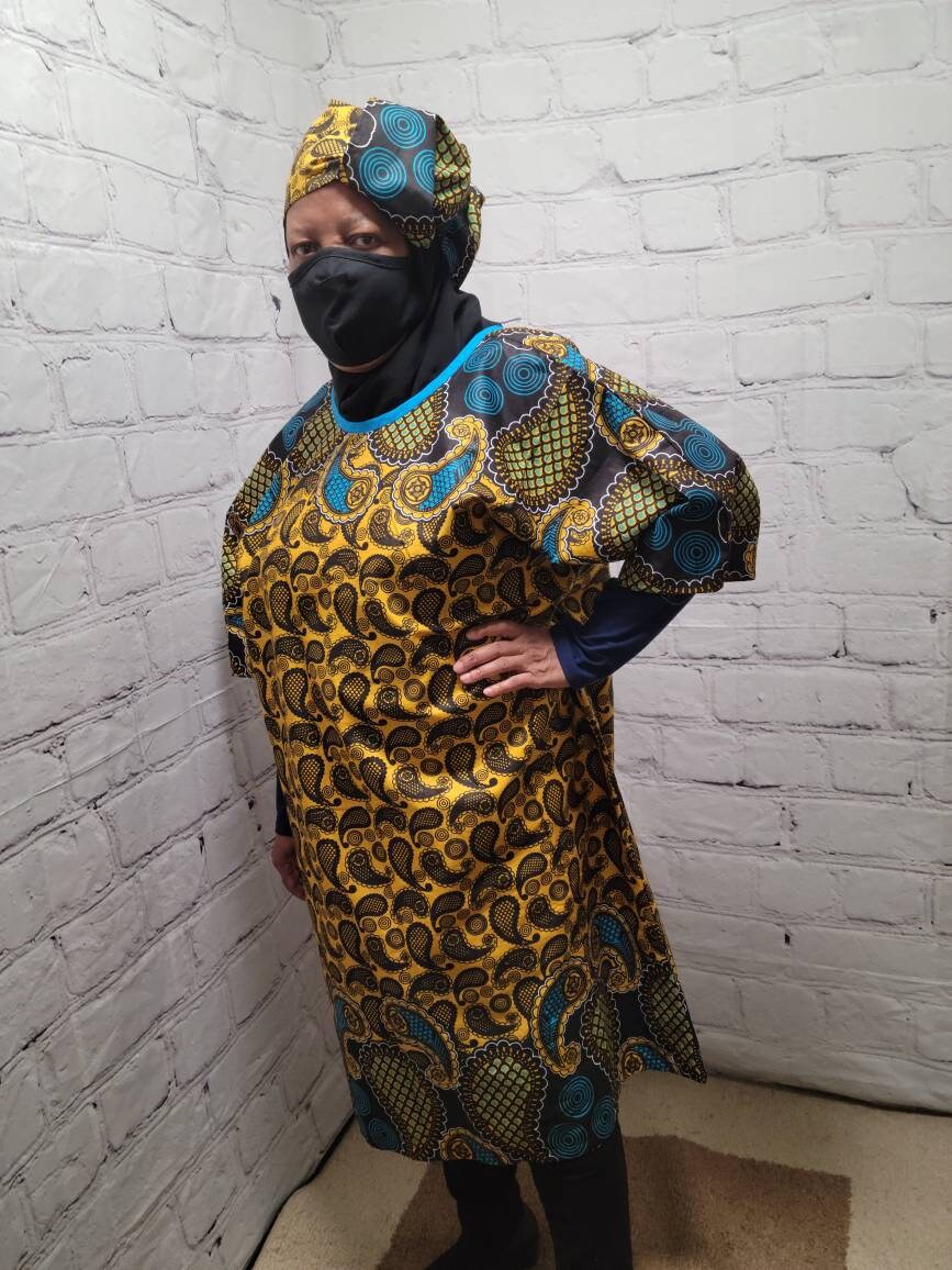 Ankara tunic dress US 4 to US 8 dolman sleeve African Print Kitenge with scarf belt A-line - brown blue paisley cotton 3/4 sleeve