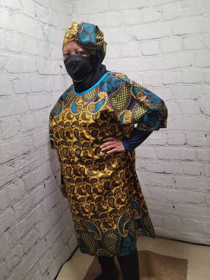 Ankara tunic dress US 4 to US 8 dolman sleeve African Print Kitenge with scarf belt A-line - brown blue paisley cotton 3/4 sleeve