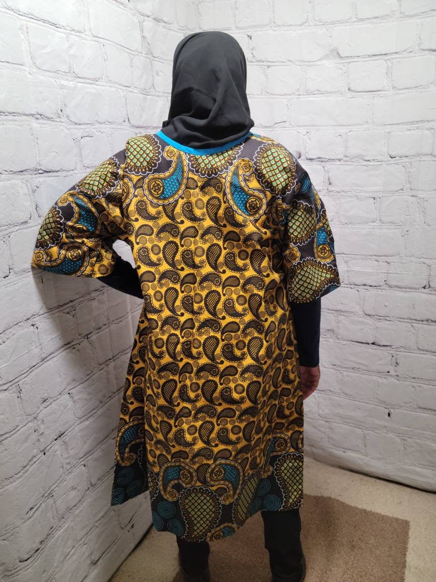 Ankara tunic dress US 16 to US 20 dolman sleeve African Print Kitenge with scarf belt A-line - brown blue paisley cotton 3/4 sleeve